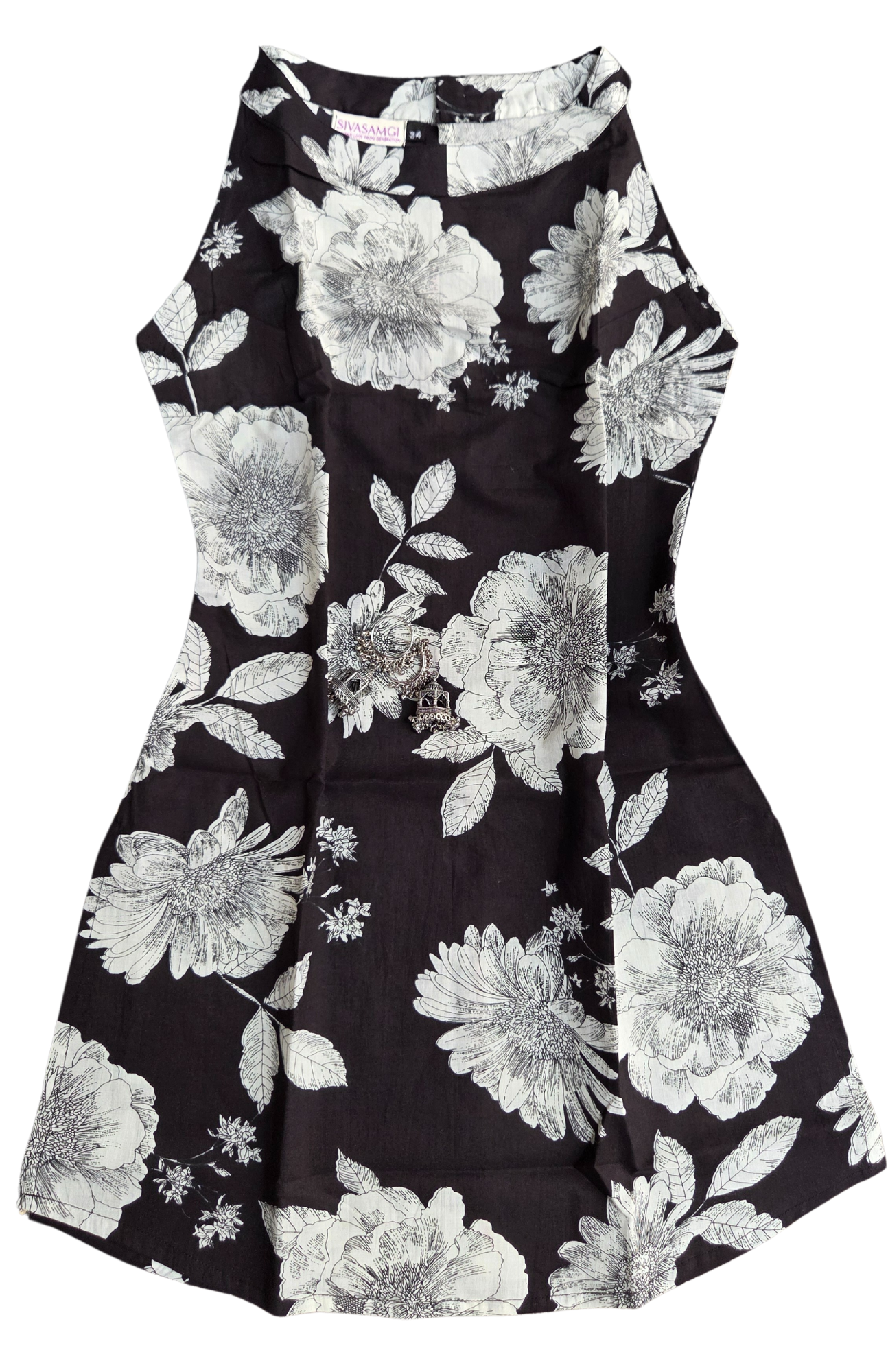 Monochrome Cotton Floral Print Halter Neck Short Kurti