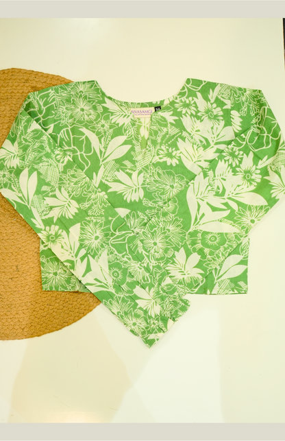 Pista Green & White Floral Cotton Crop Top