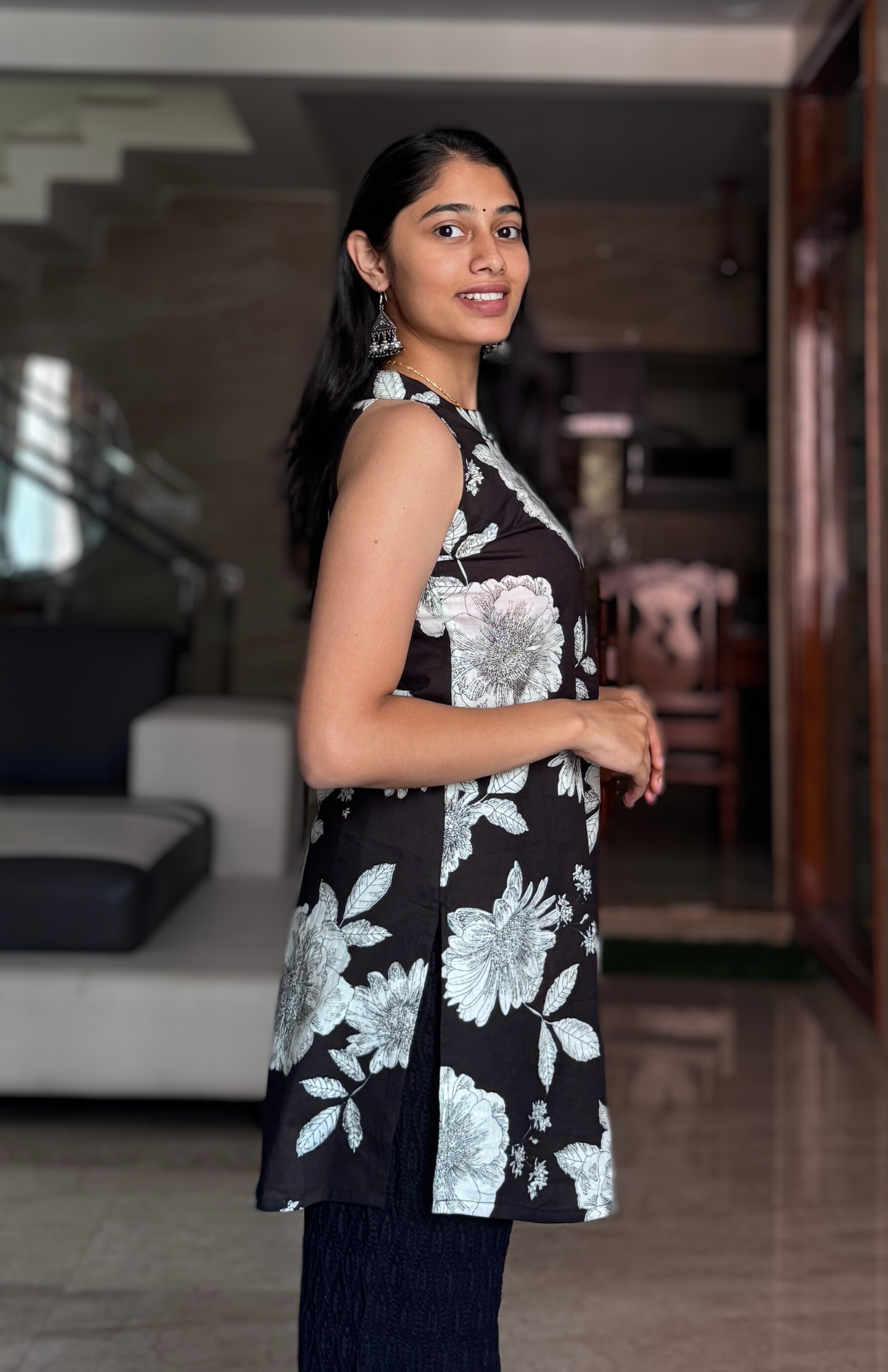 Monochrome Cotton Floral Print Halter Neck Short Kurti