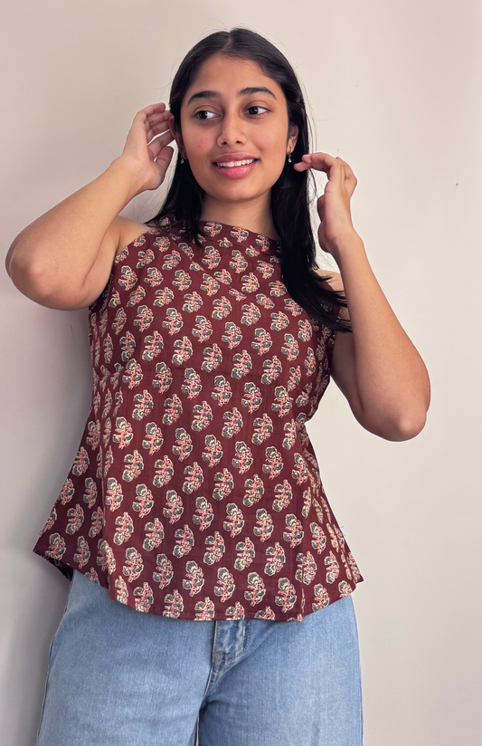 Earthen Grace Ajrakh Print Halter Neck Short Top