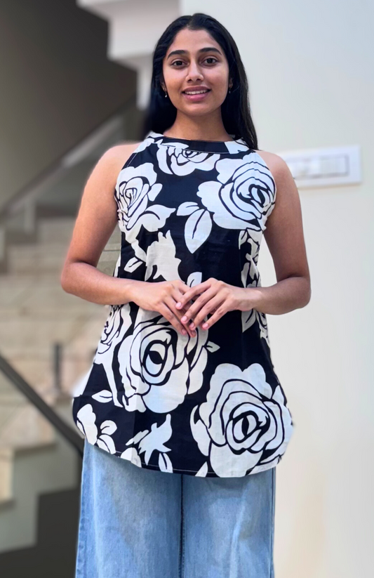 Midnight Bloom Black & White Rose Print Halter Neck Top