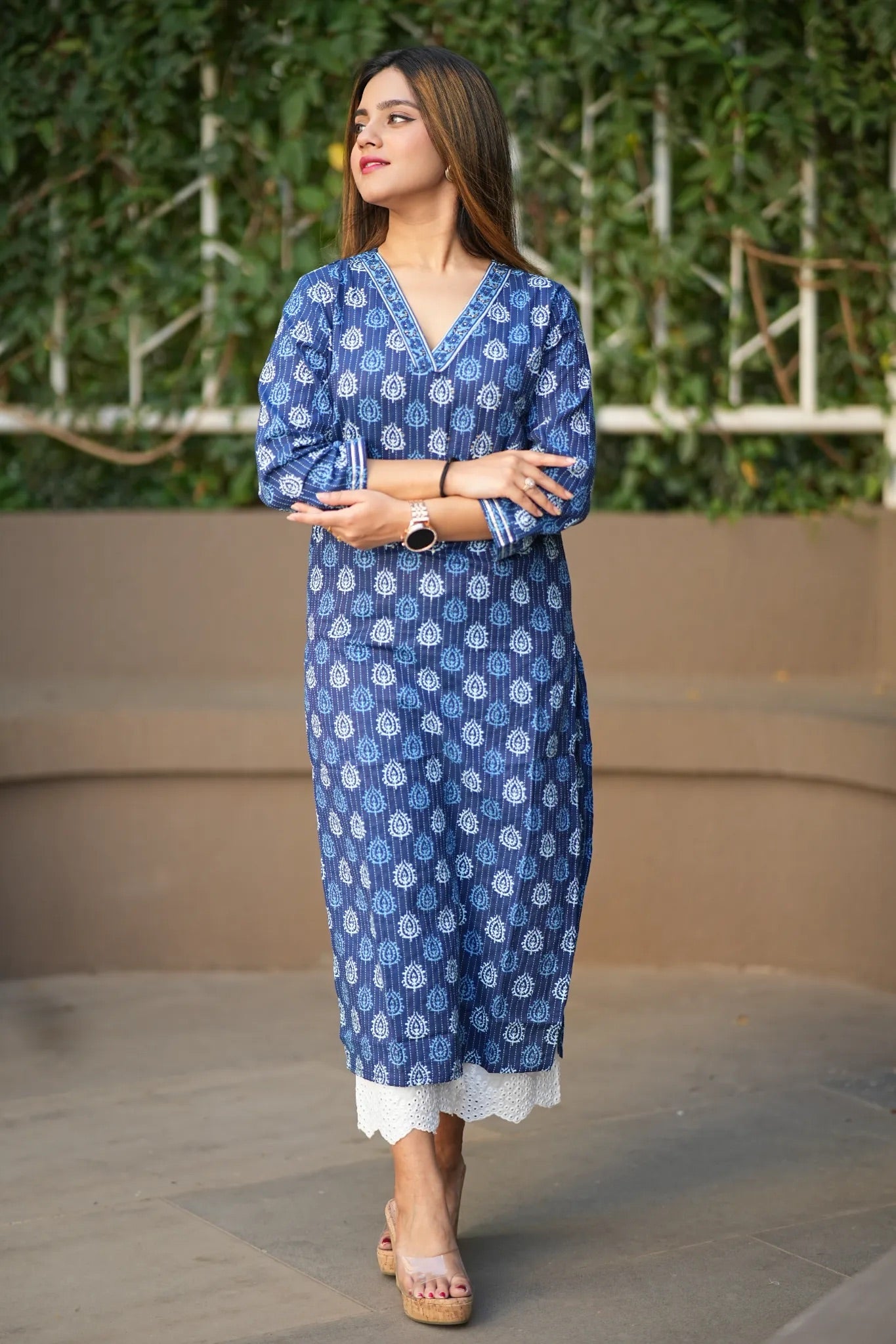 V neck blue block print straight kurti