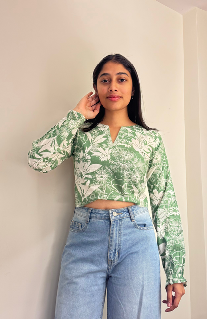 Pista Green & White Floral Cotton Crop Top