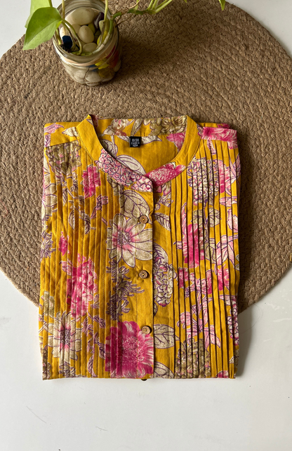 Mustard Pleated Floral Kurti