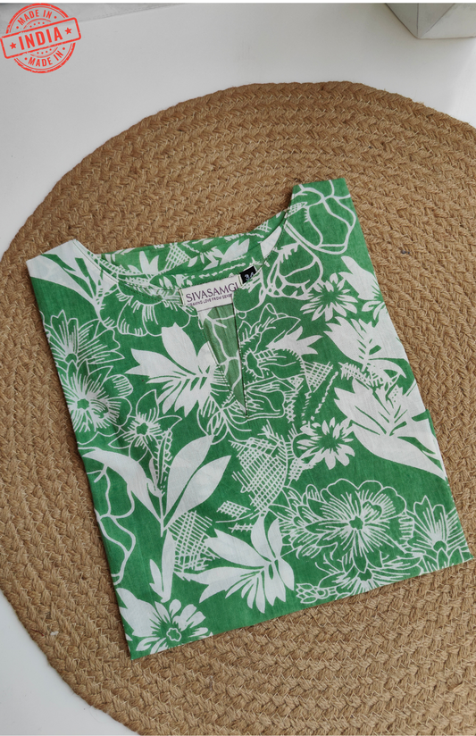 Pista Green & White Floral Cotton Crop Top