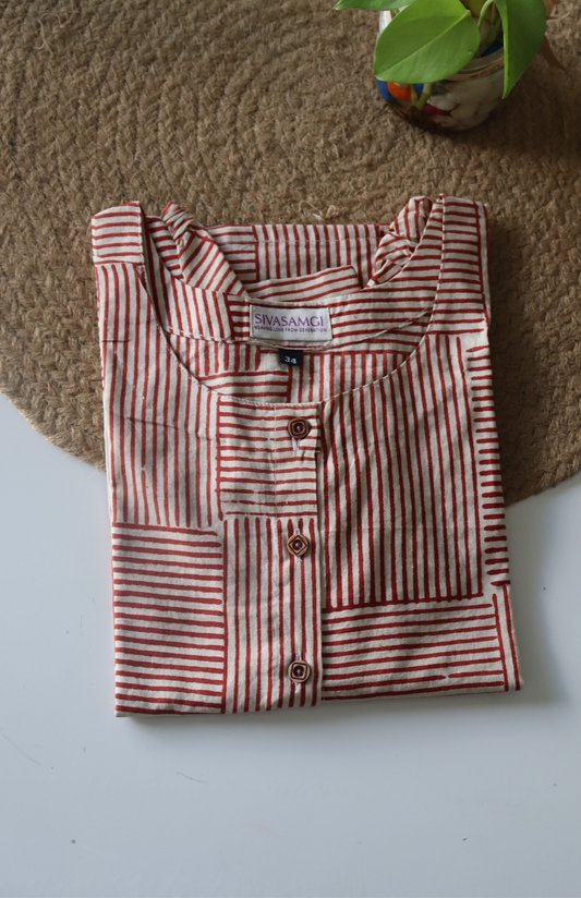 Red Striped Crop Top with Hand Block Print