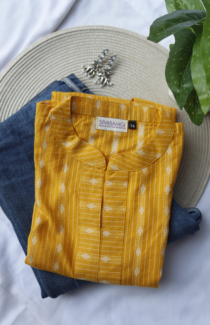 Traditional Yellow Kantha Work Mandarin Collar Top