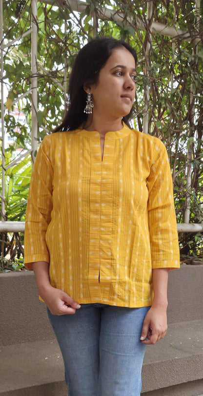 Kantha Work Yellow Mandarin Collar Top