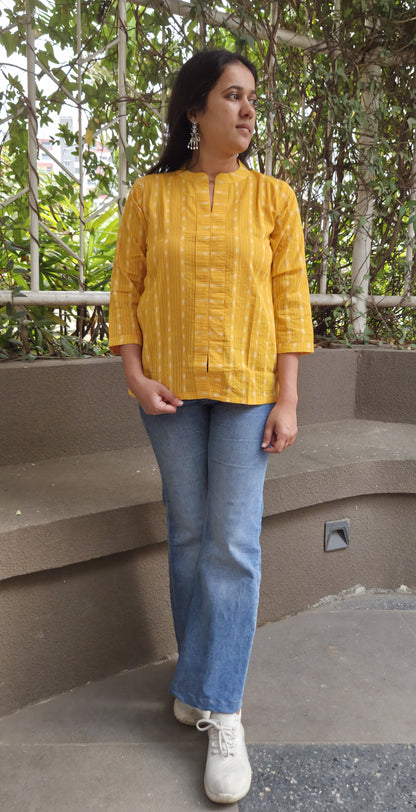 Kantha Work Yellow Mandarin Collar Top