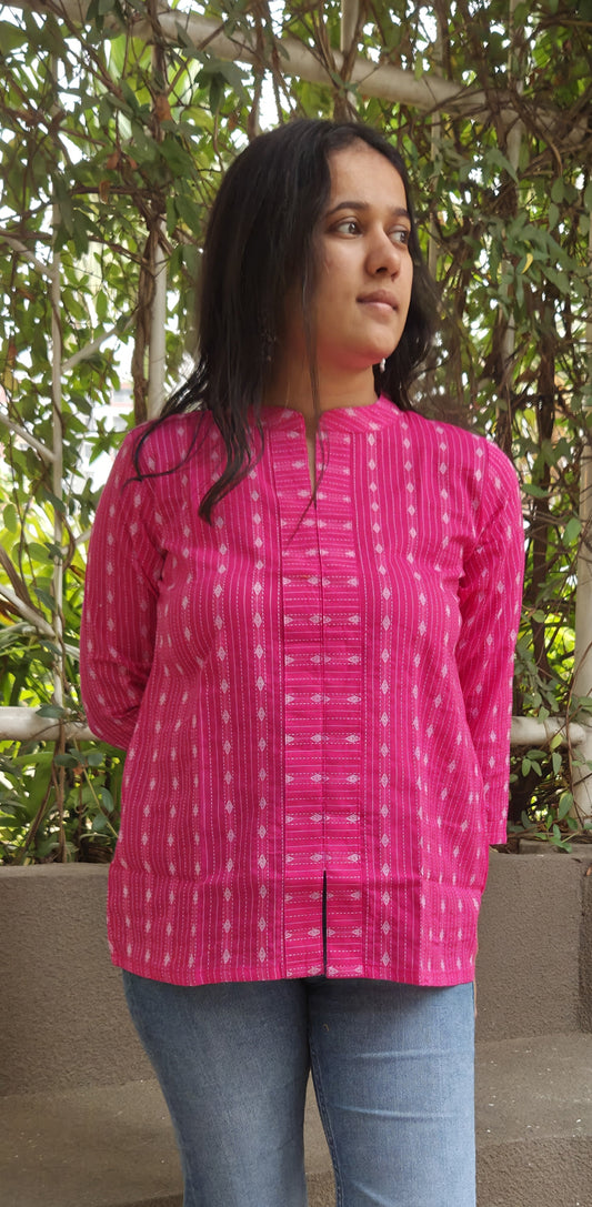 Dark Pink Mandarin Collar Top with Kantha Work