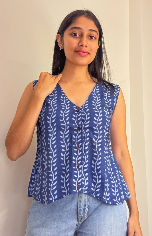 Indigo Leaf Print Sleeveless Vest Cotton Top