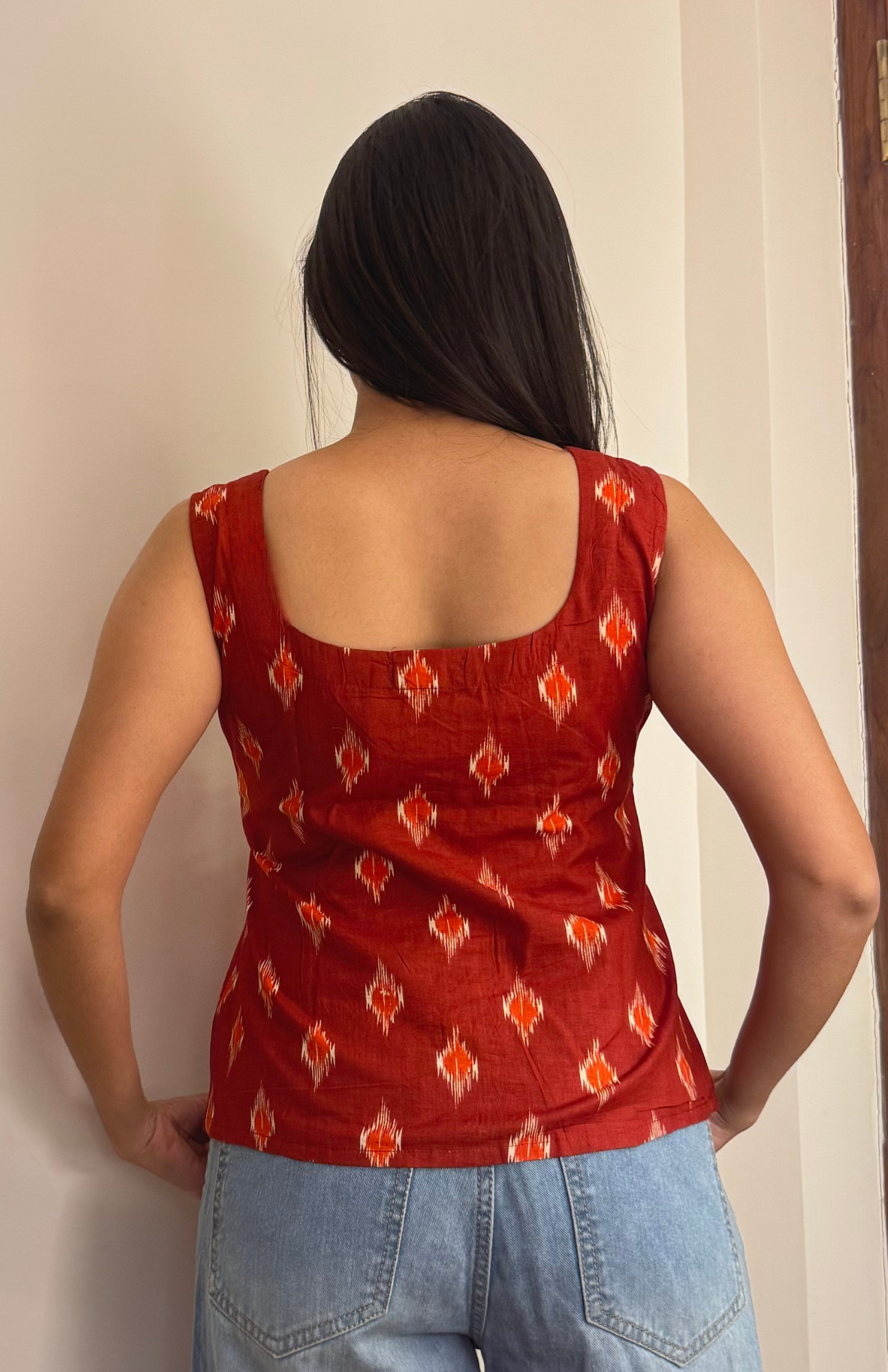 Cinnamon Ikat Sleeveless Summer Cotton Top