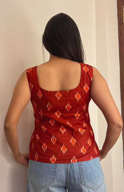 Cinnamon Ikat Sleeveless Summer Cotton Top