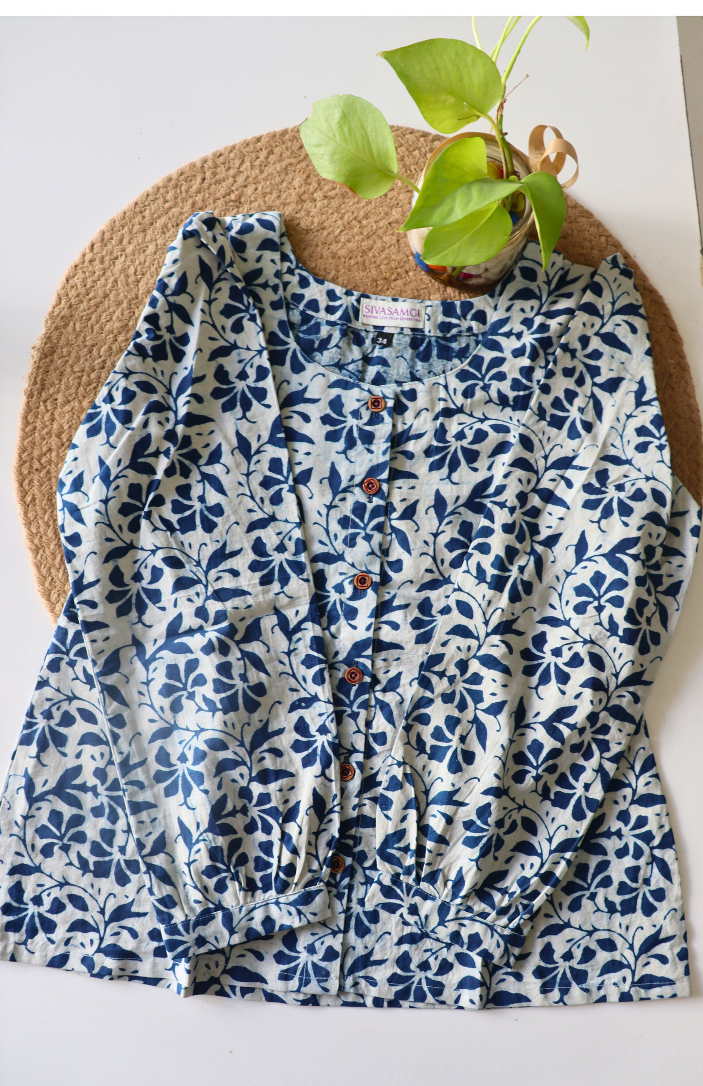 Indigo Crop Top with Hand Block Leaf & Flower Print