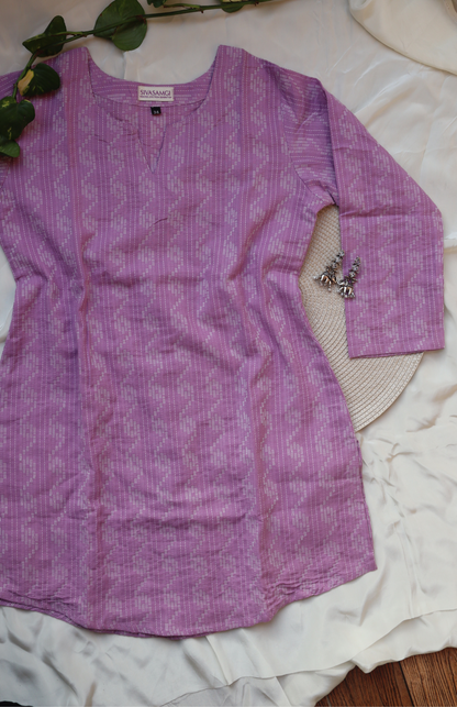 Lilac Cotton Short Kurti with White Kantha