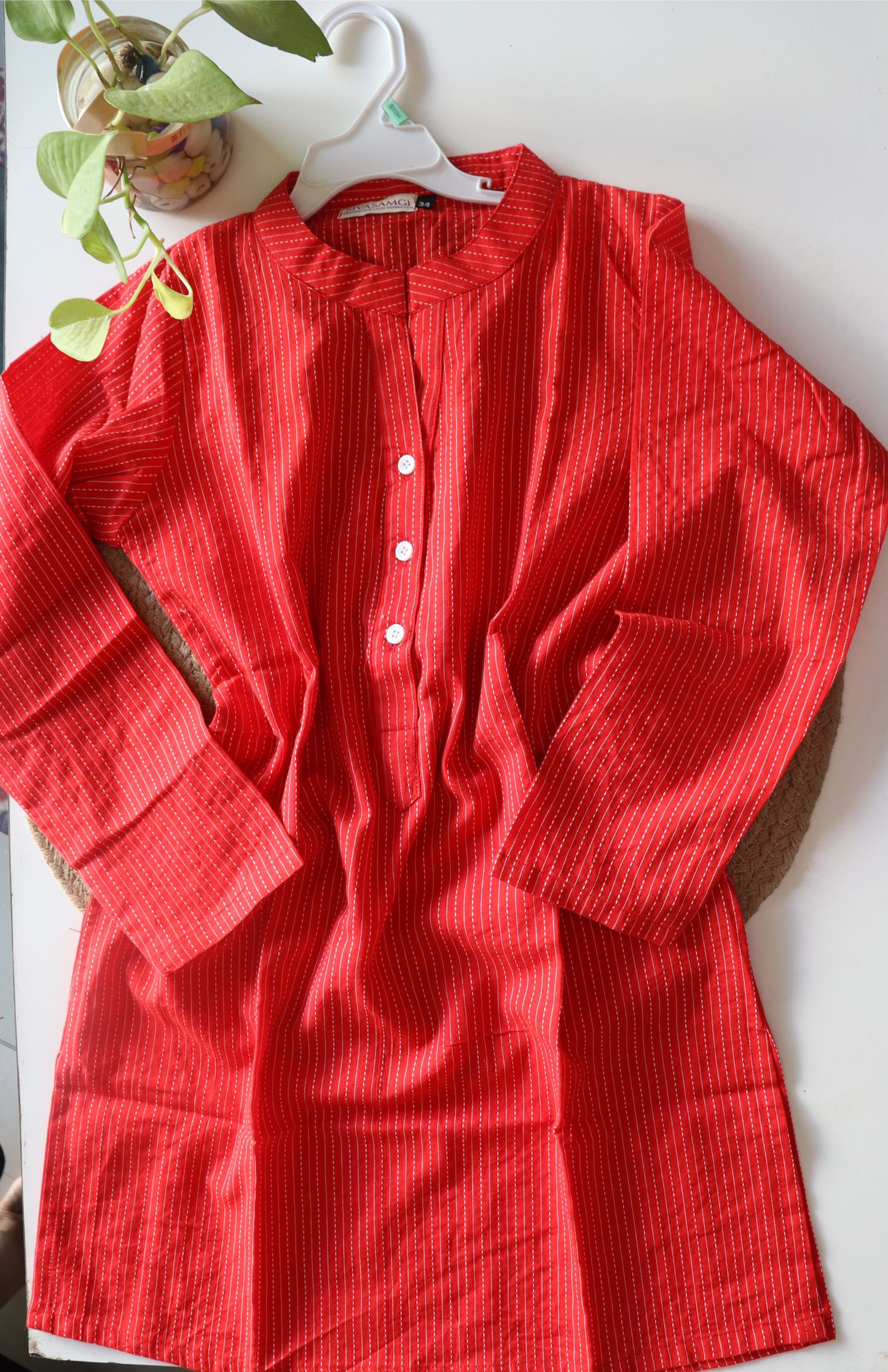 Red Cotton Mandarin Collar Short Kurti