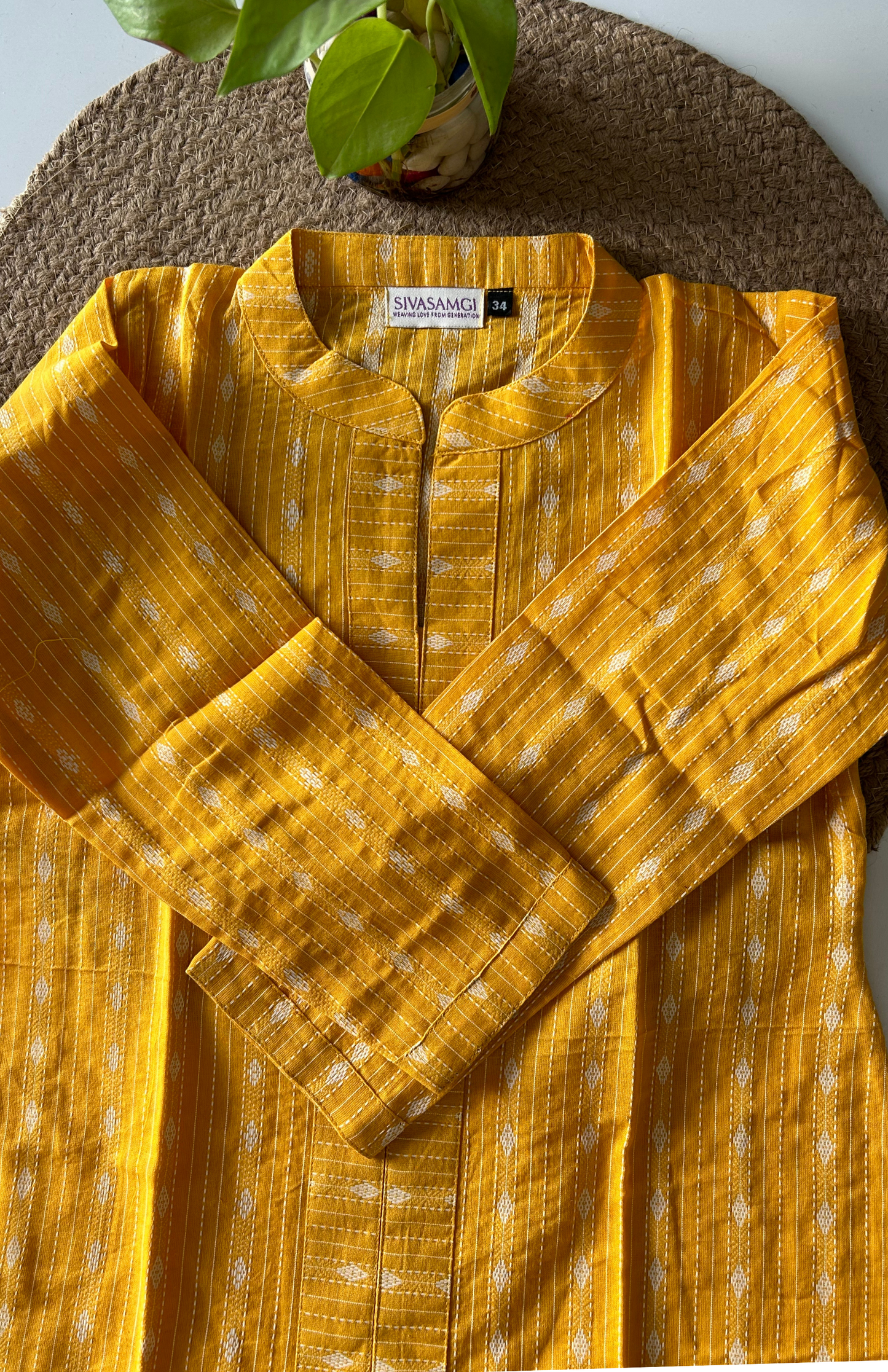 Traditional Yellow Kantha Work Mandarin Collar Top