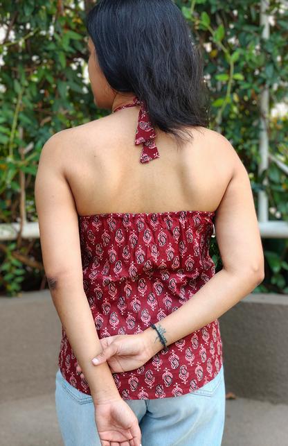 Maroon Backless Halter Neck Cotton Top