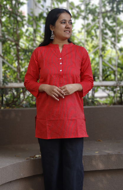 Red Cotton Mandarin Collar Short Kurti