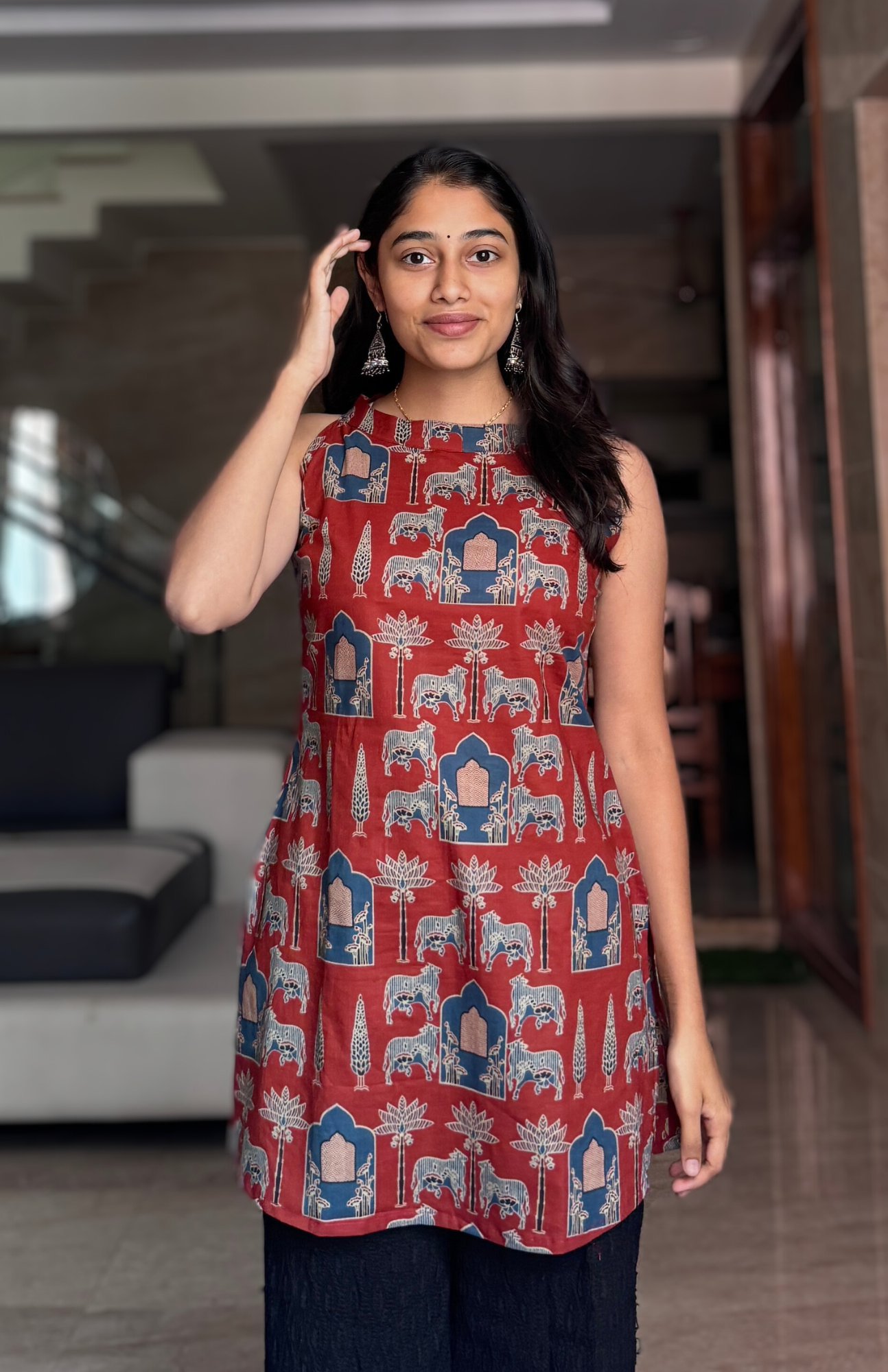 Jaipuri Printed Cotton Halter Neck Short Kurti