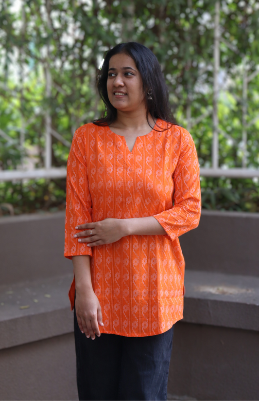 Orange Cotton Short Kurti with White Kantha Embroidery