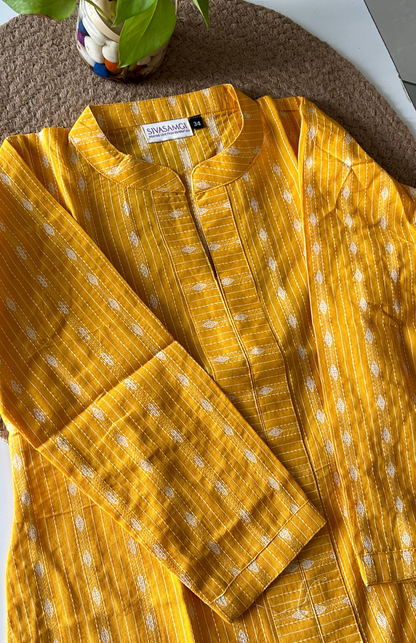 Traditional Yellow Kantha Work Mandarin Collar Top