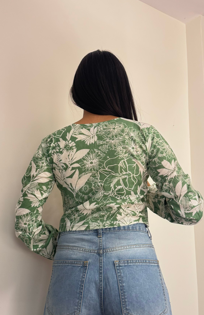 Pista Green & White Floral Cotton Crop Top