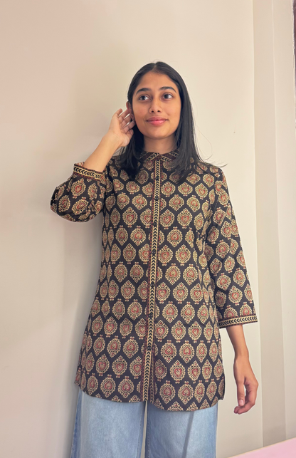 Black Ajrakh Print Long Top