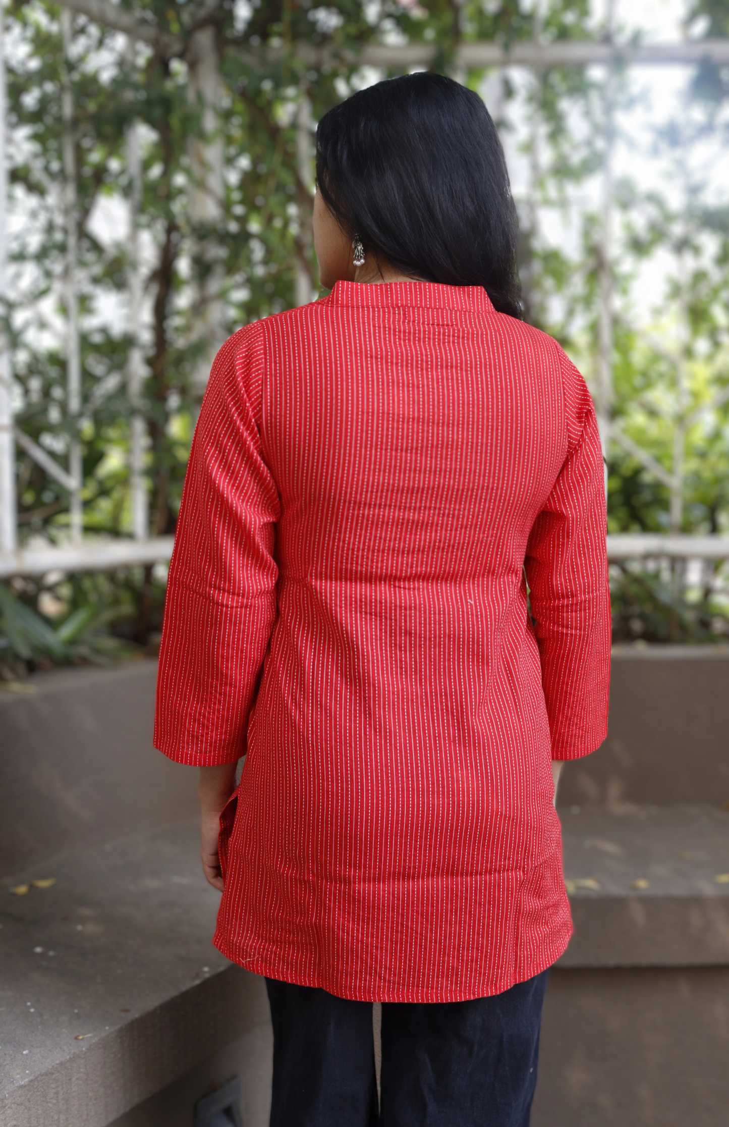 Red Cotton Mandarin Collar Short Kurti