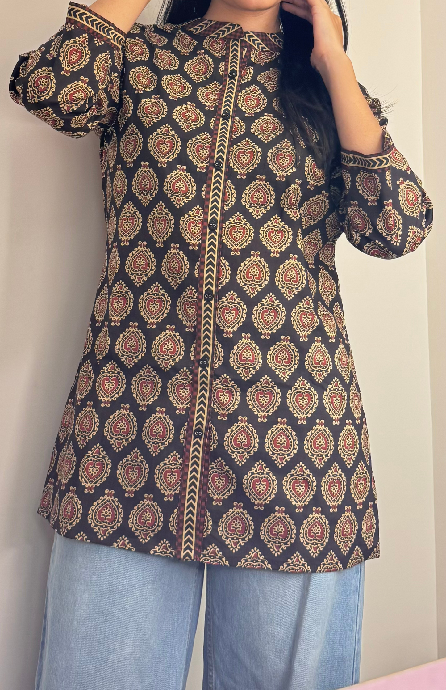 Black Ajrakh Print Long Top