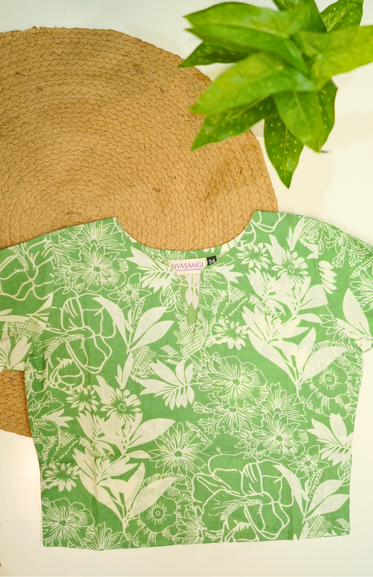 Pista Green & White Floral Cotton Crop Top