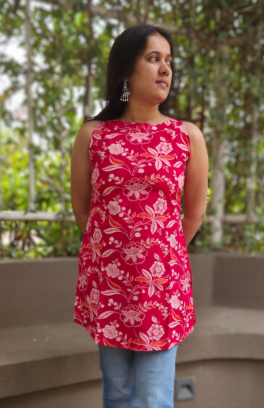 Pink Floral Cotton Halter Neck Short Kurti