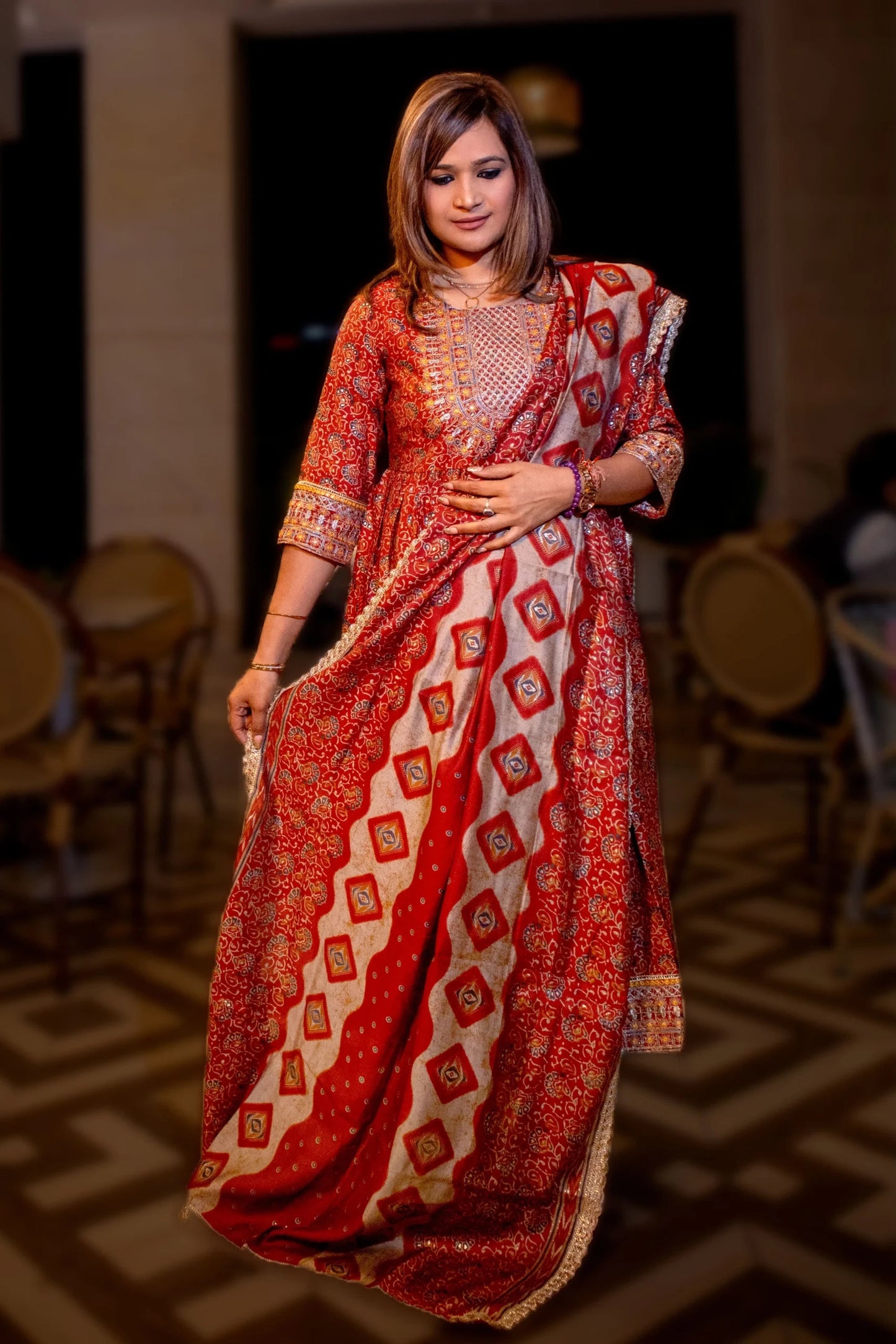 Maroon Printed With Neck Embroidery Suit With Pant And Dupatta