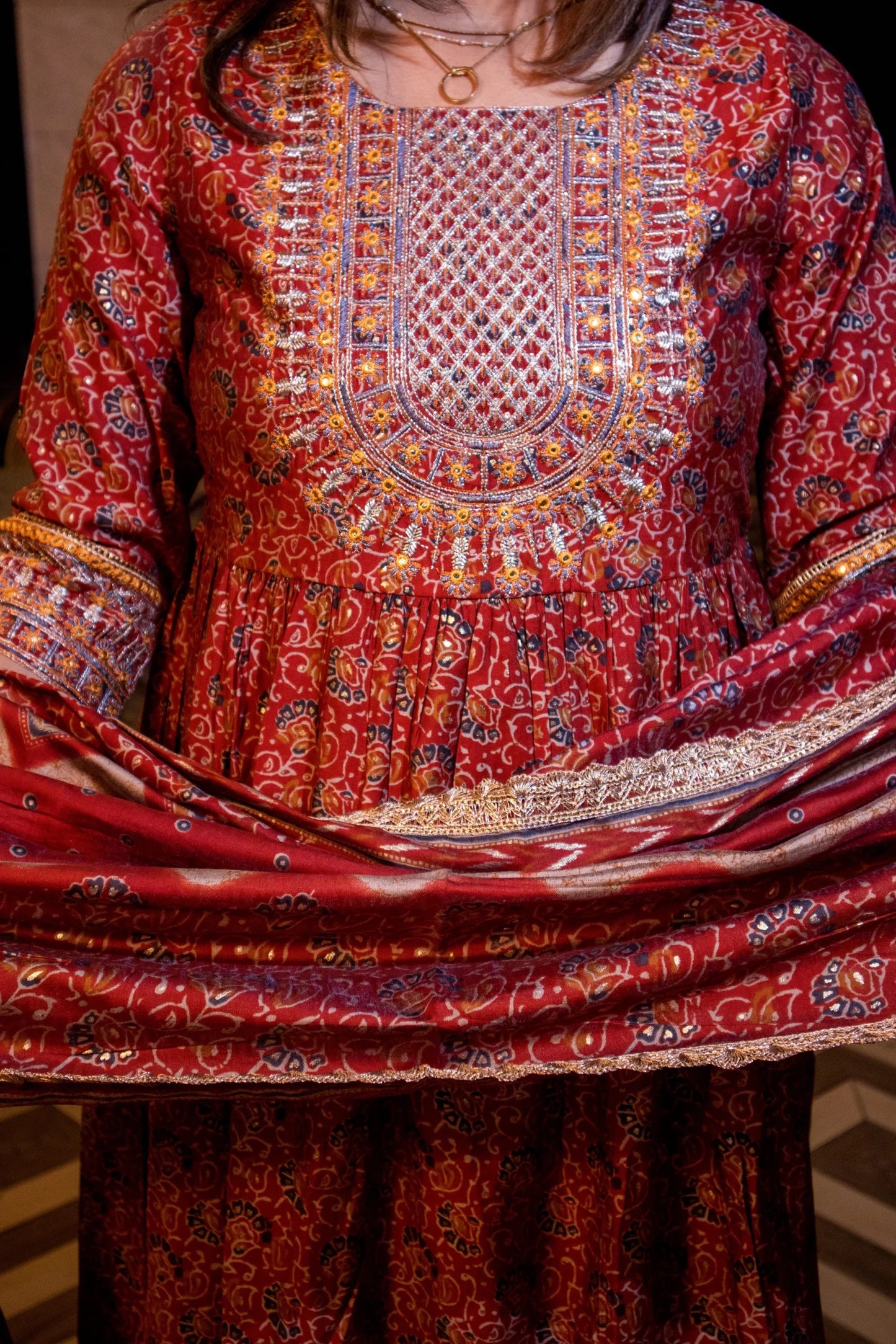 Maroon Printed With Neck Embroidery Suit With Pant And Dupatta