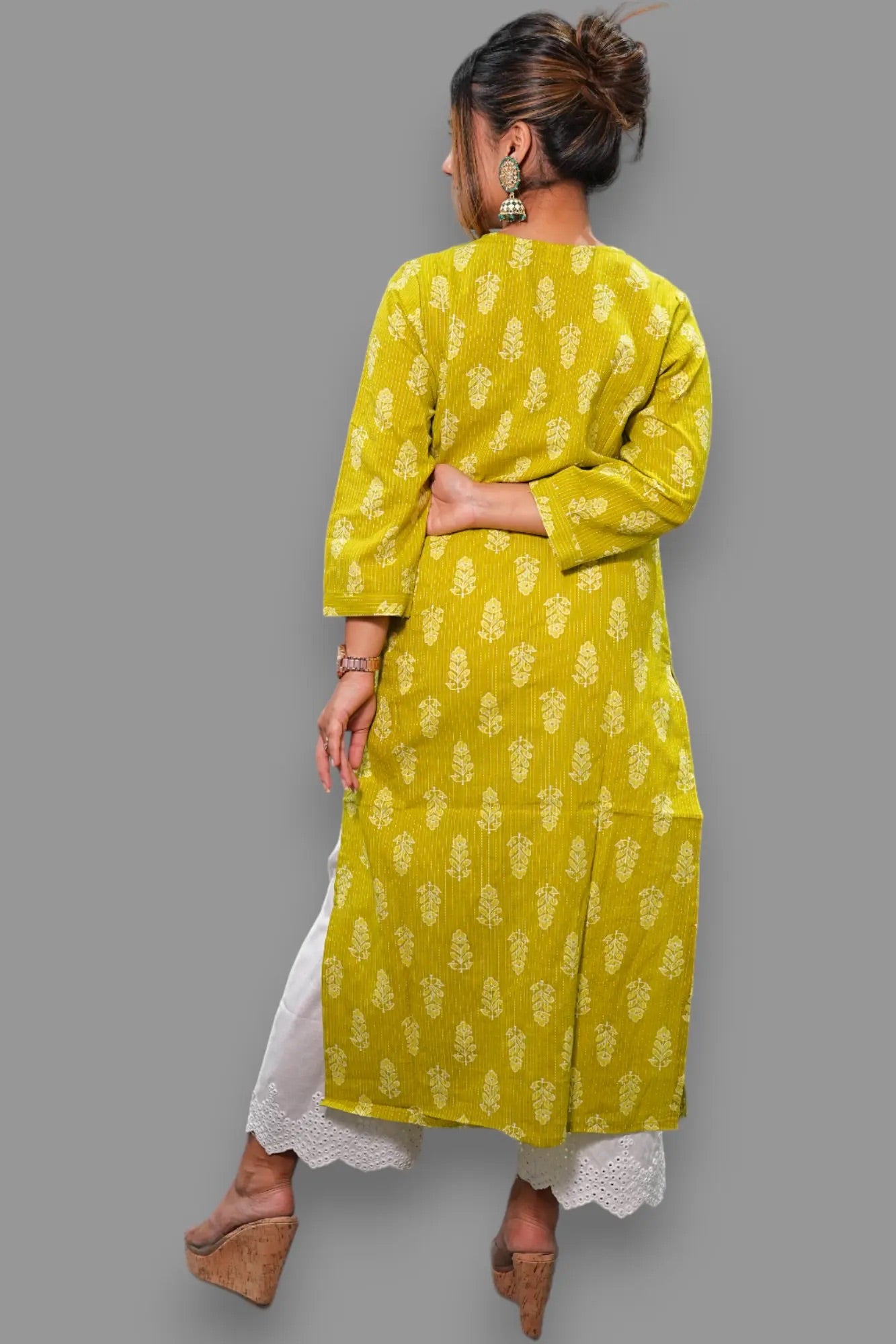 Bright Green V Neck Block Print Cotton Kurti