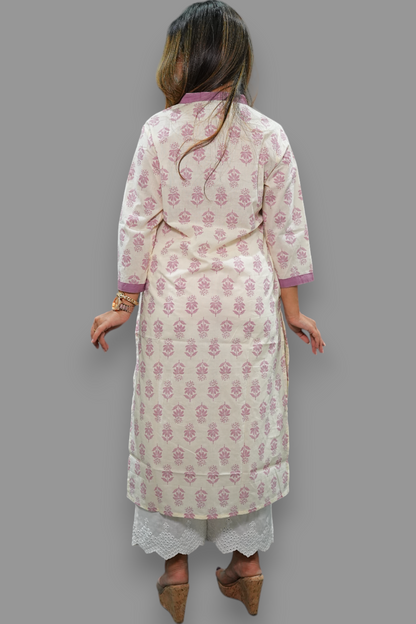 Off white v neck straight kurti with pockets