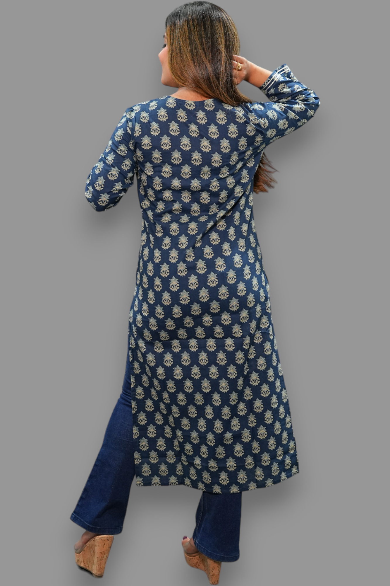 Dark blue cotton v neck straight kurti