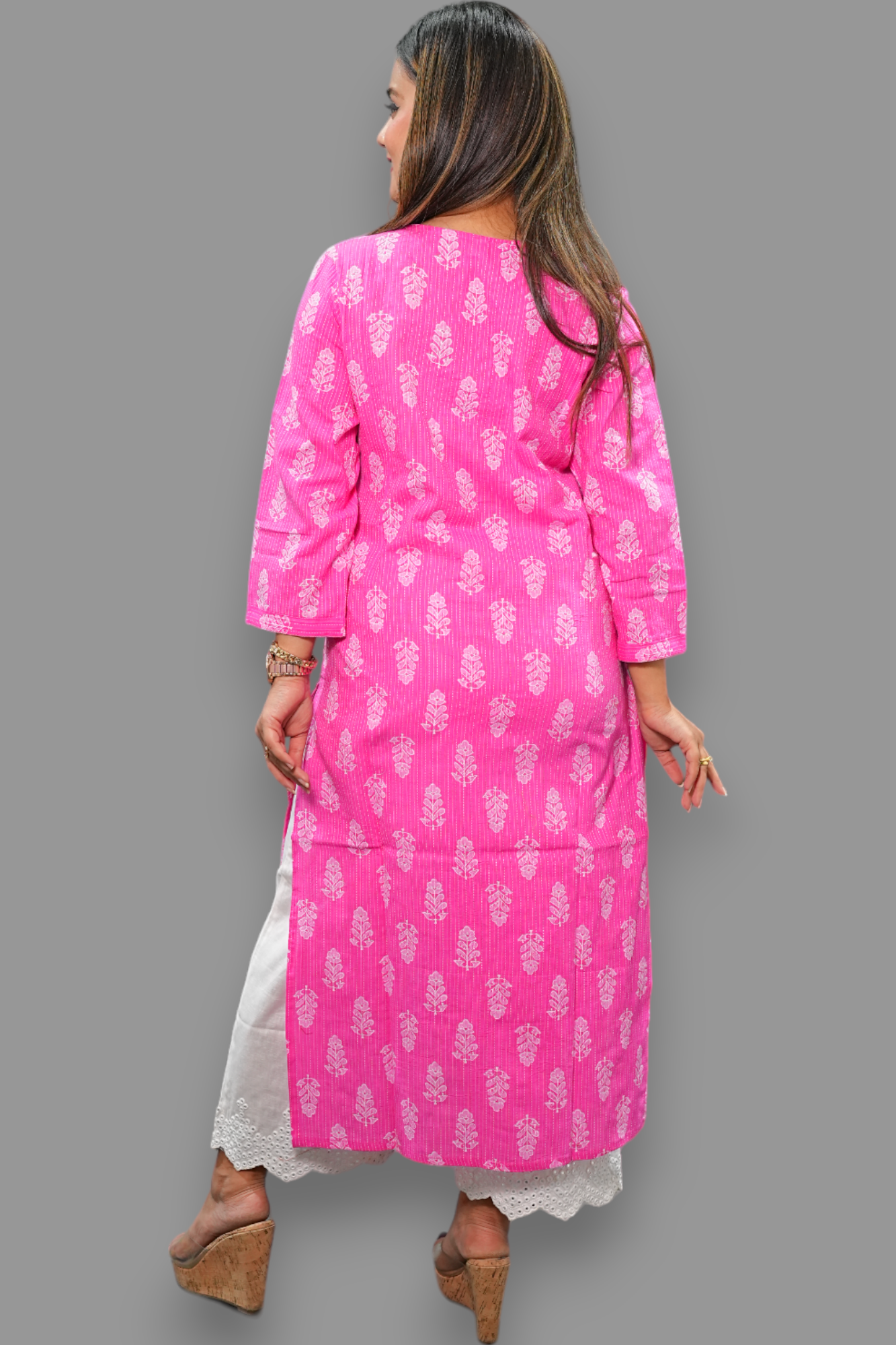 Hot pink v neck block print cotton kurti