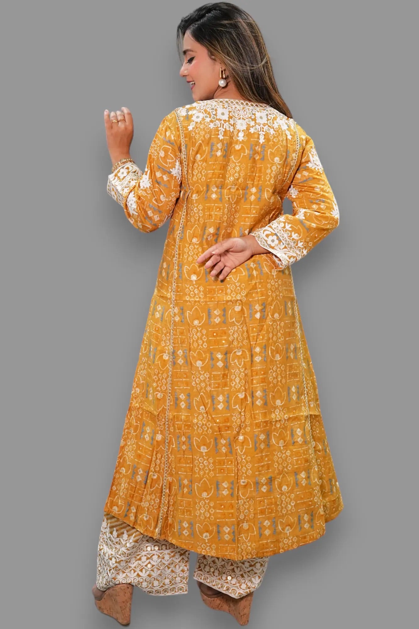 Mustard Color Muslin Thread Embroidered Plazo Set