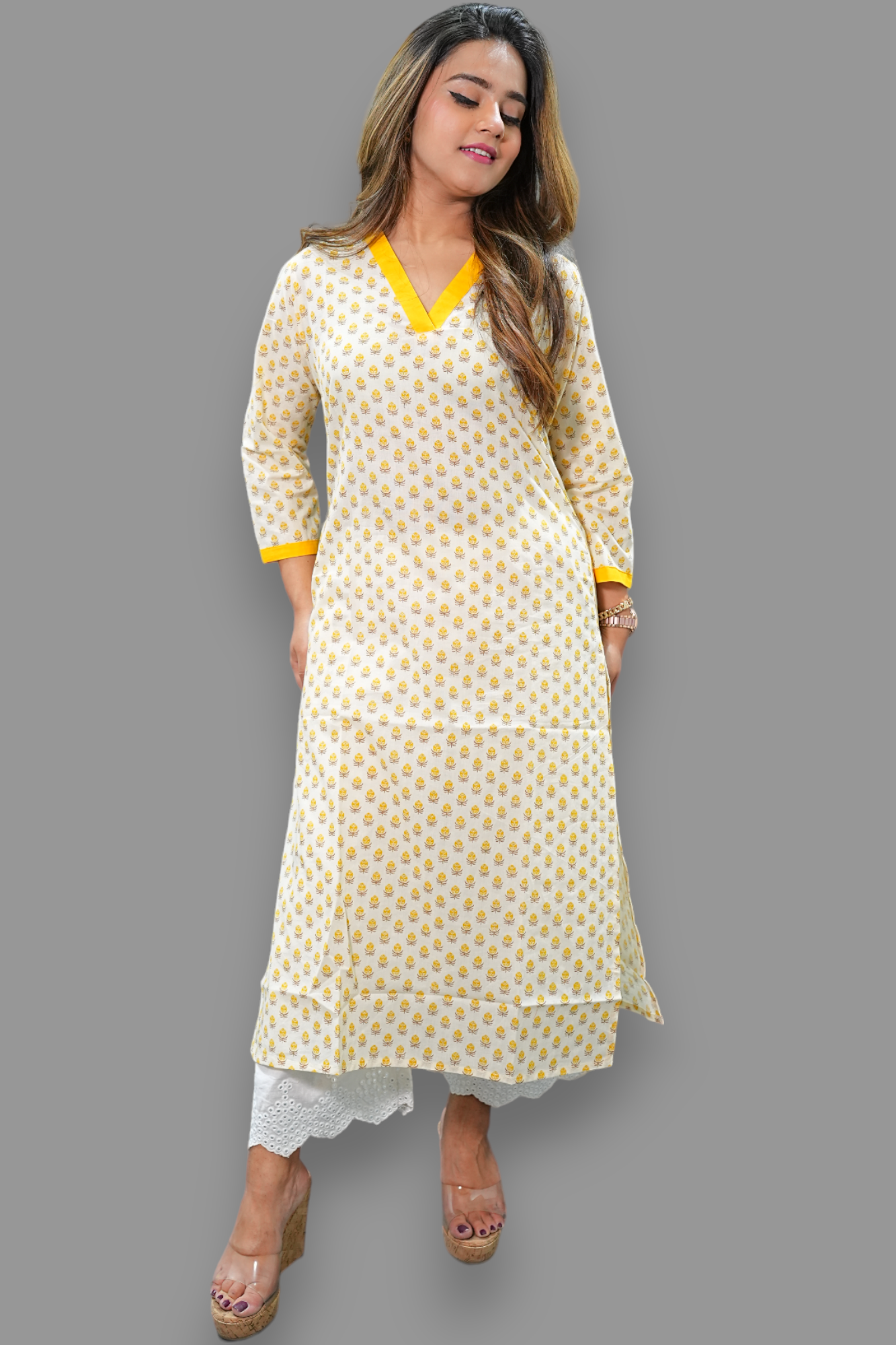 Light cream v neck block print kurti with pockets