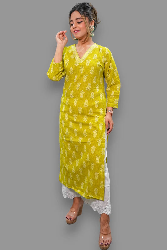 Bright Green V Neck Block Print Cotton Kurti