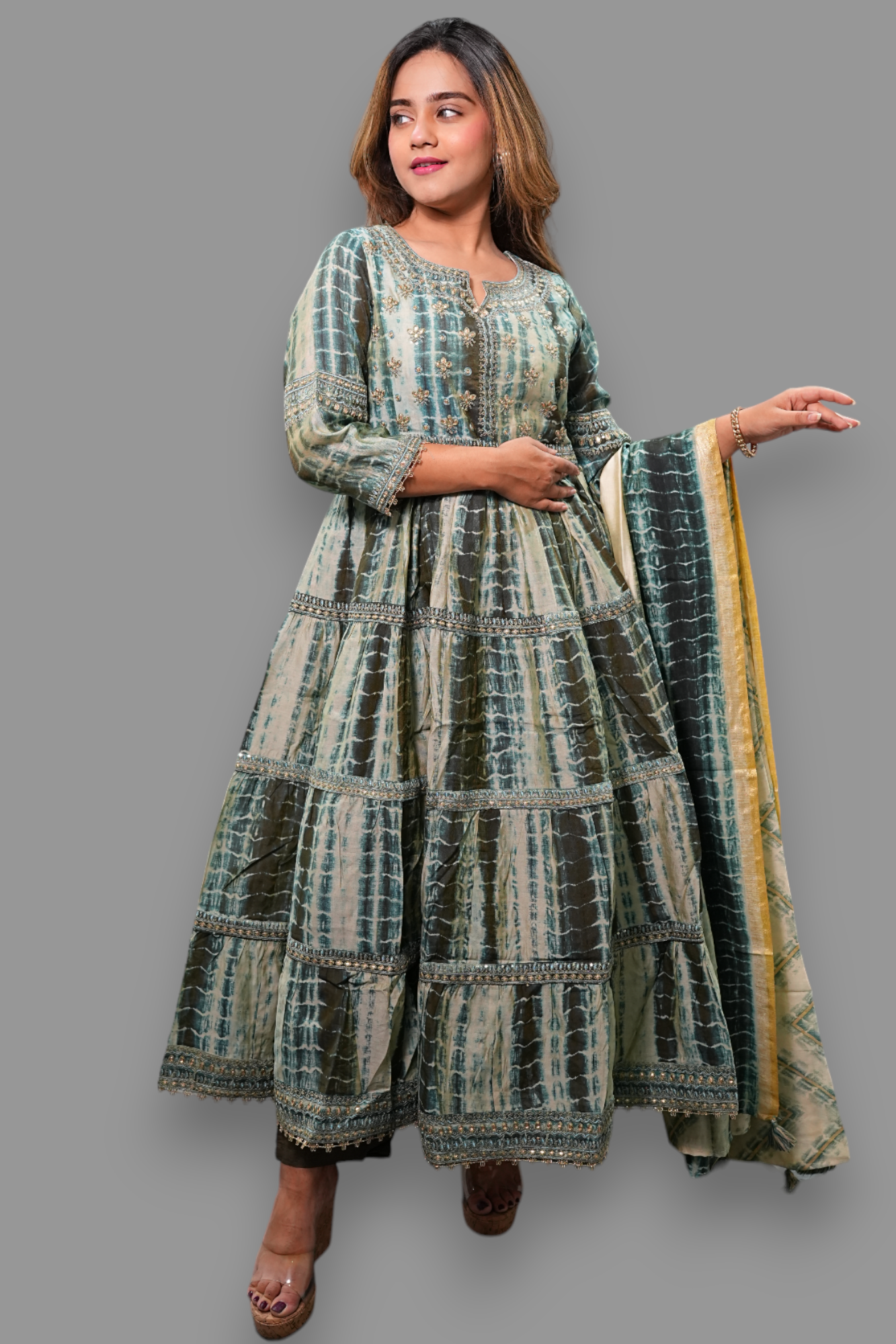 A-Line Tie-Dye & Embroidered Dress Suit With Pants And Dupatta