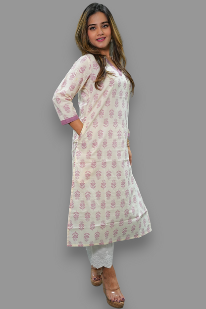 Off white v neck straight kurti with pockets