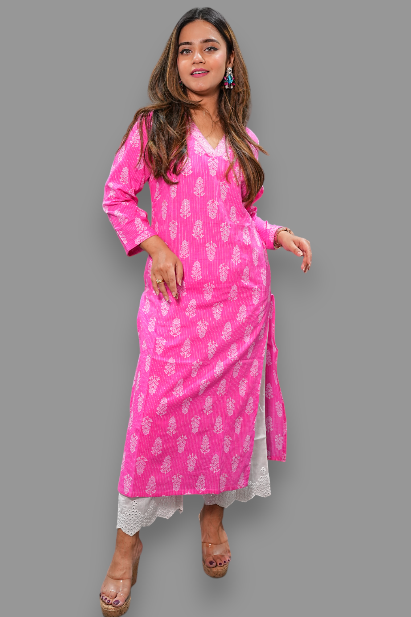 Hot pink v neck block print cotton kurti