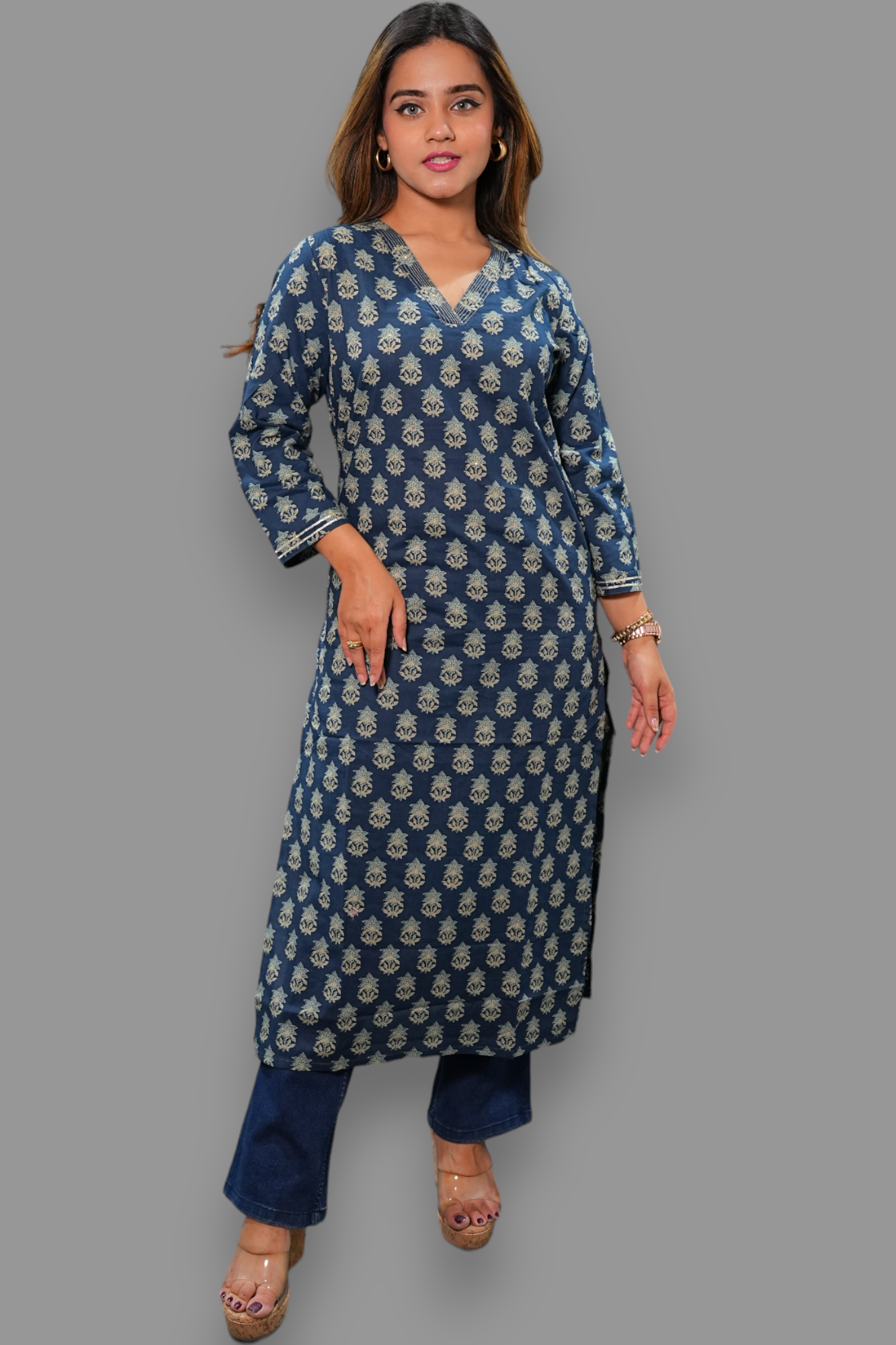 Dark blue cotton v neck straight kurti