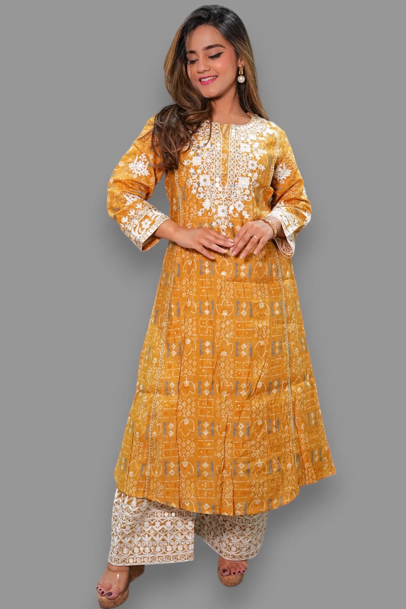 Mustard Color Muslin Thread Embroidered Plazo Set