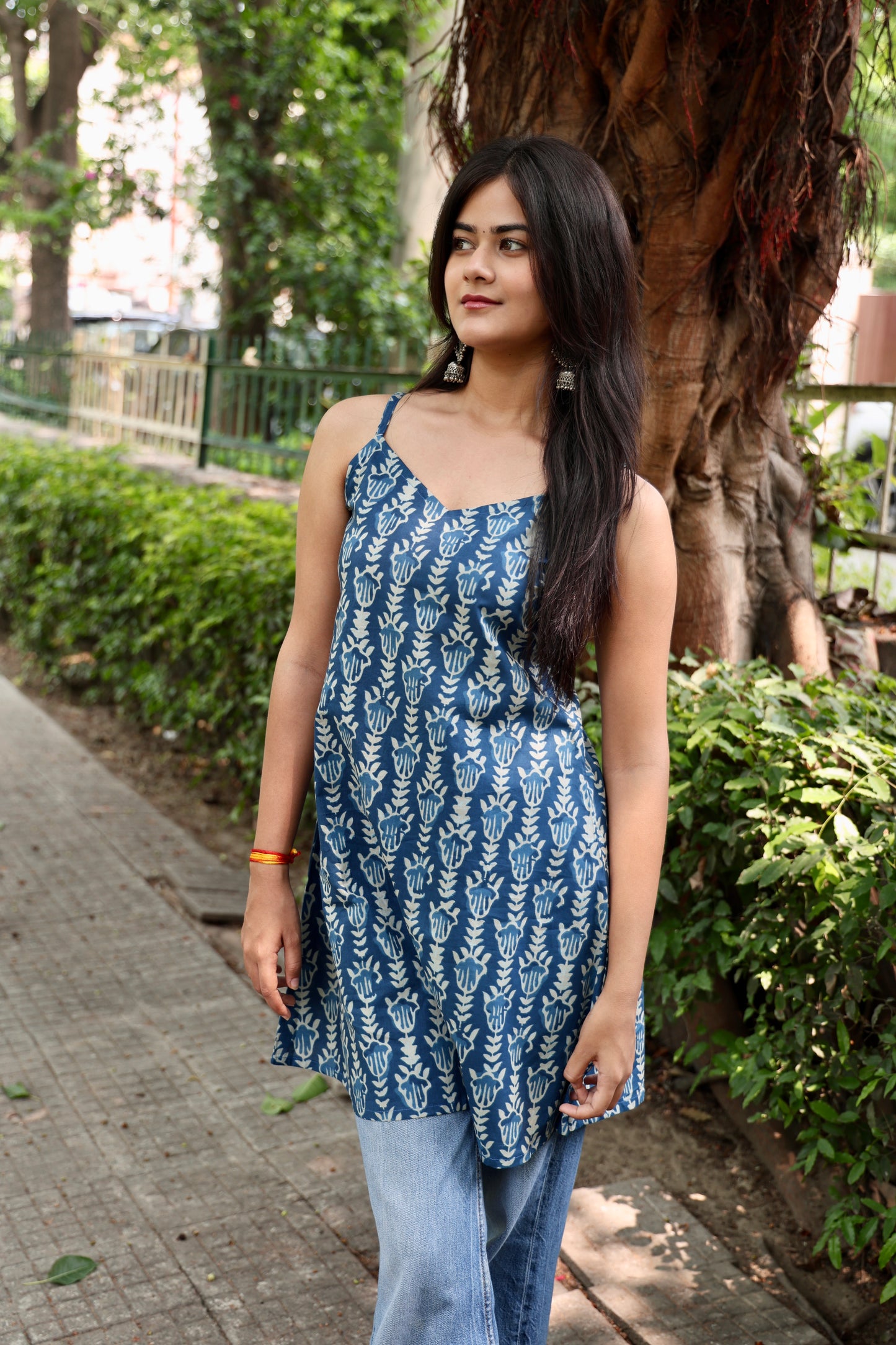 Kiara Blue & White Printed A-Line V Neck Short Cotton Kurti