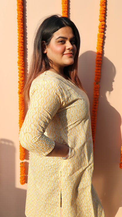 Charming Yellow & White Lucknowi Kurti