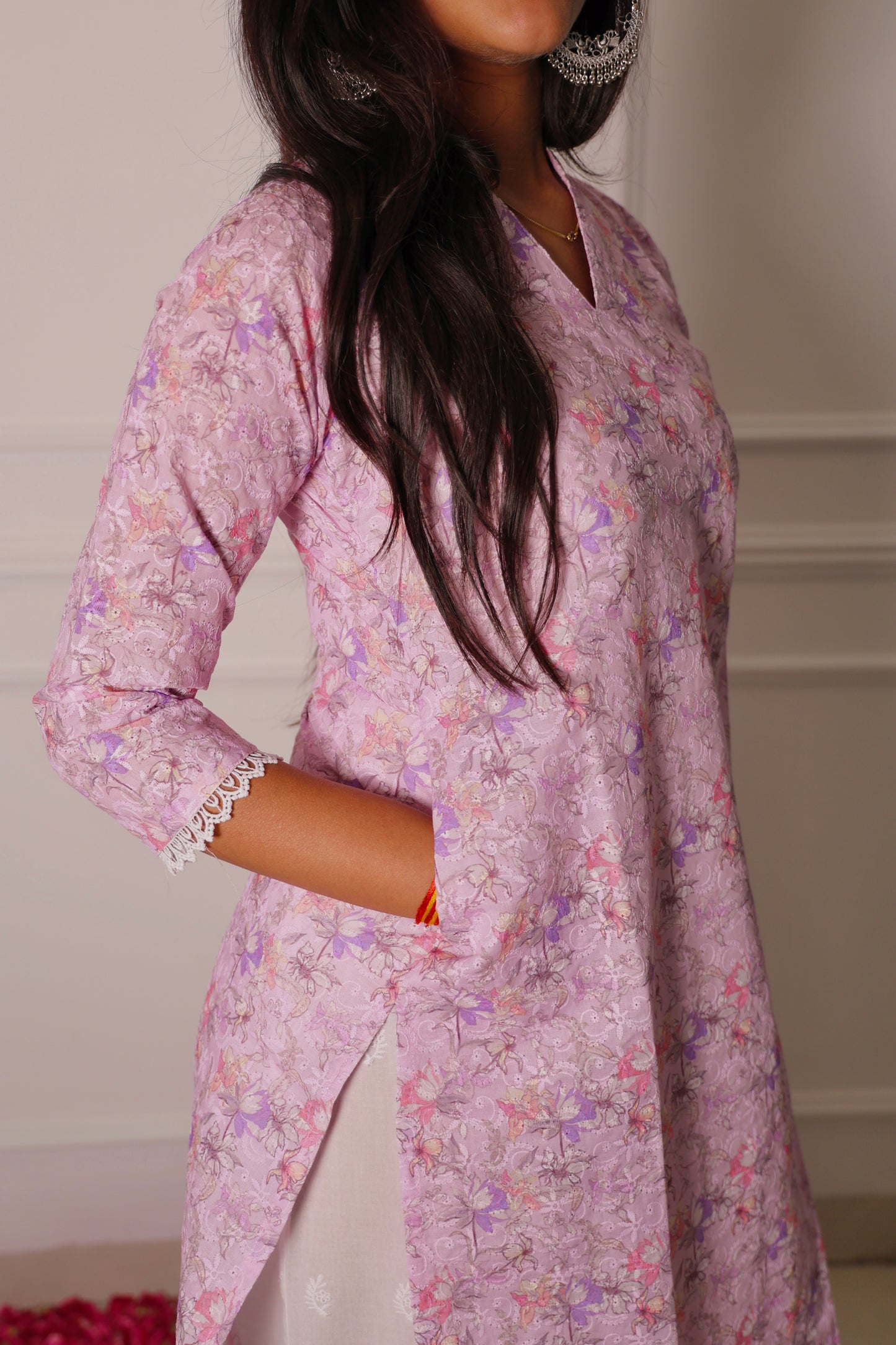 Lilac Embroidered Kurta Set with Floral Print & Cutwork with embroiderd white Pant