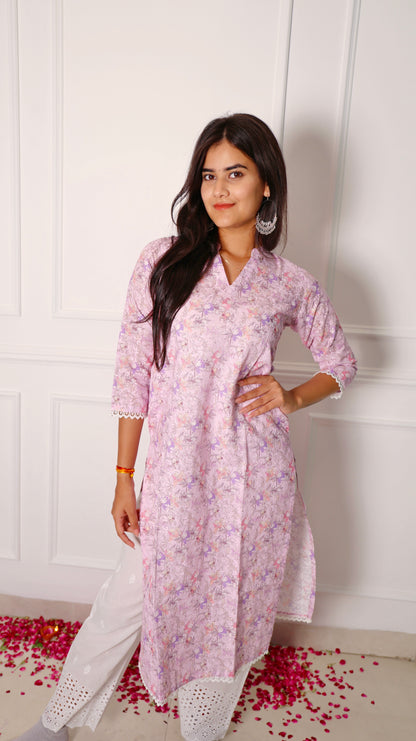 Lilac Embroidered Kurta Set with Floral Print & Cutwork with embroiderd white Pant